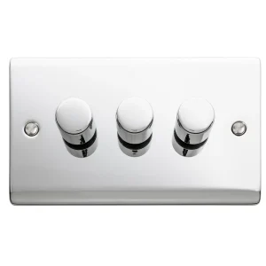 Designa 22DIM4003 Push Dimmer Switch 3 Gang 2 Way 400W - Polished Chrome