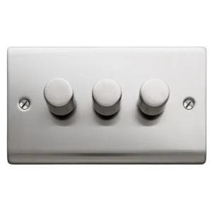 Designa 23DIM4003 3 Gang 2 Way 400W Push Dimmer Switch Satin Steel