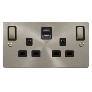 Define Brushed Steel Ingot 2 Gang 13A 1x USB-A 1x USB-C 4.2A Switched Safety Shutter Socket Outlet Black Insert