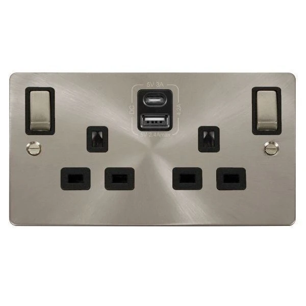 Define Brushed Steel Ingot 2 Gang 13A 1x USB-A 1x USB-C 4.2A Switched Safety Shutter Socket Outlet Black Insert