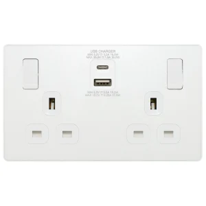 BG Evolve PCDCL22UAC30W 2 Gang Switched Socket + USB C 30W & USB A (2.1A) Pearlescent White