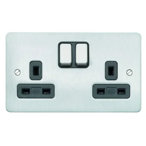 Socket 2 Gang Switched DP Dual Earth 13A Brushed Chrome Black Inserts