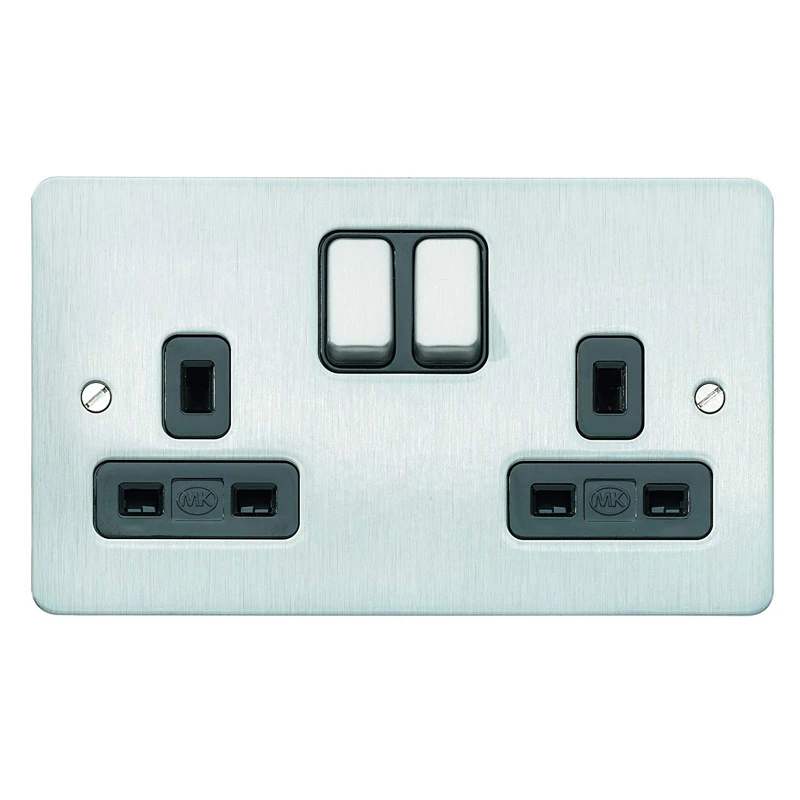 Socket 2 Gang Switched DP Dual Earth 13A Brushed Chrome Black Inserts