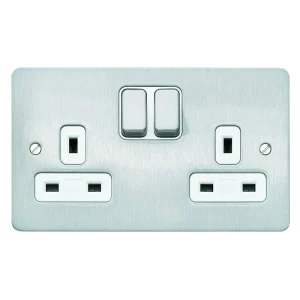 Socket 2 Gang Switched DP Dual Earth 13A Brushed Chrome White Inserts