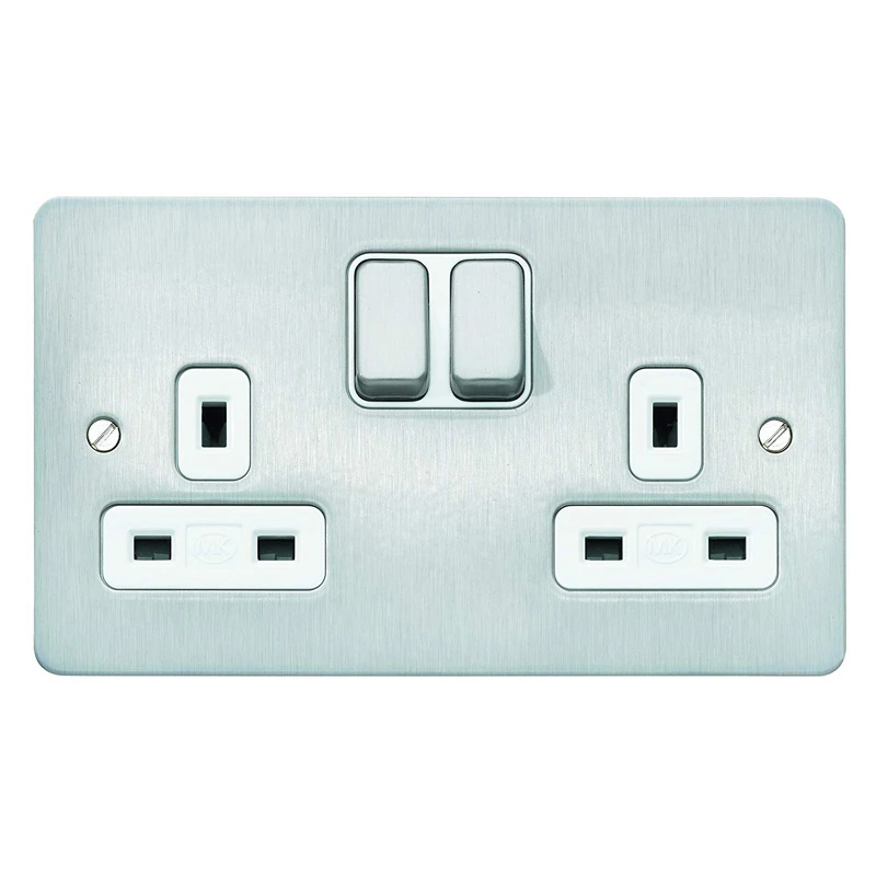 Socket 2 Gang Switched DP Dual Earth 13A Brushed Chrome White Inserts