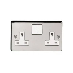 13A 2 Gang Single Pole Switched Socket Satin Chrome Finish