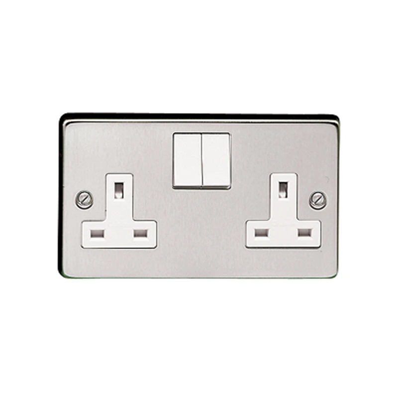 13A 2 Gang Single Pole Switched Socket Satin Chrome Finish