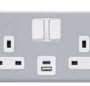 Socket Metalclad Plus 2 Gang Double Pole Aluminium 2 Port USB Charger Type A + Type C 3A/5V