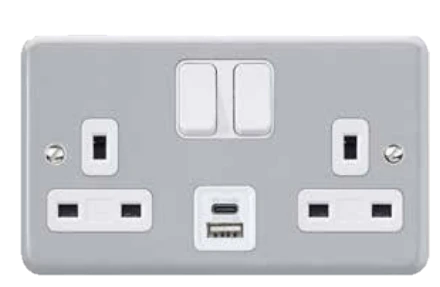 Socket Metalclad Plus 2 Gang Double Pole Aluminium 2 Port USB Charger Type A + Type C 3A/5V