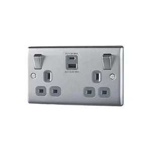 13A 2 Gang Double Pole Switched Socket With Dual 2.1A USB s Stainless Steel Finish