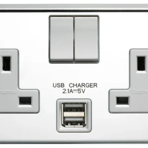 13A 2 Gang Double Pole Switched Socket With Dual 2.1A USB s Polished Steel Finish