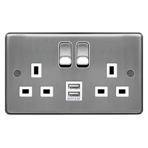 Socket 2 Gang Double Pole Switched Dual Earth 13A Brushed Steel 2 x 2.4A USBs