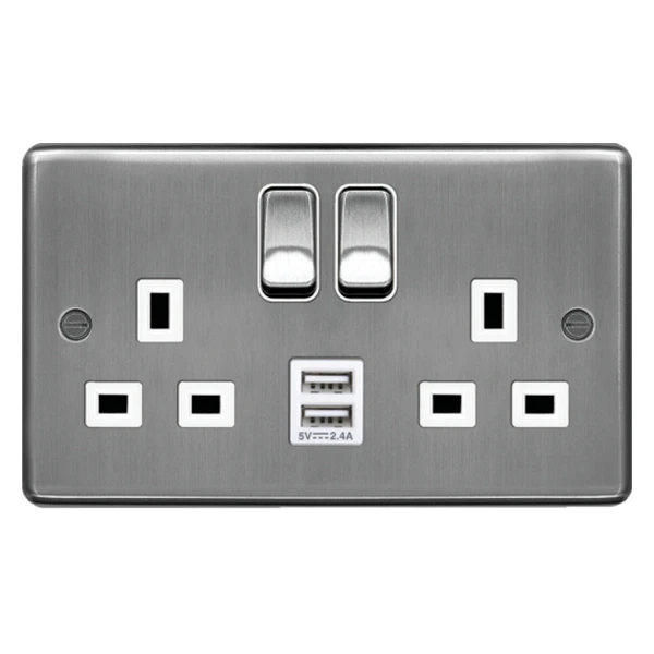 Socket 2 Gang Double Pole Switched Dual Earth 13A Brushed Steel 2 x 2.4A USBs - Image 2