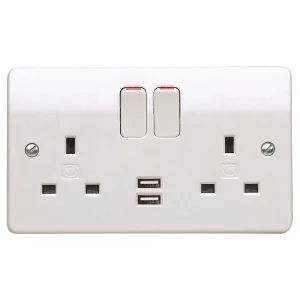 MK Logic Plus Socket 2 Gang Switched DP c/w 2 Port USB Charger 2A 5V 25mm White