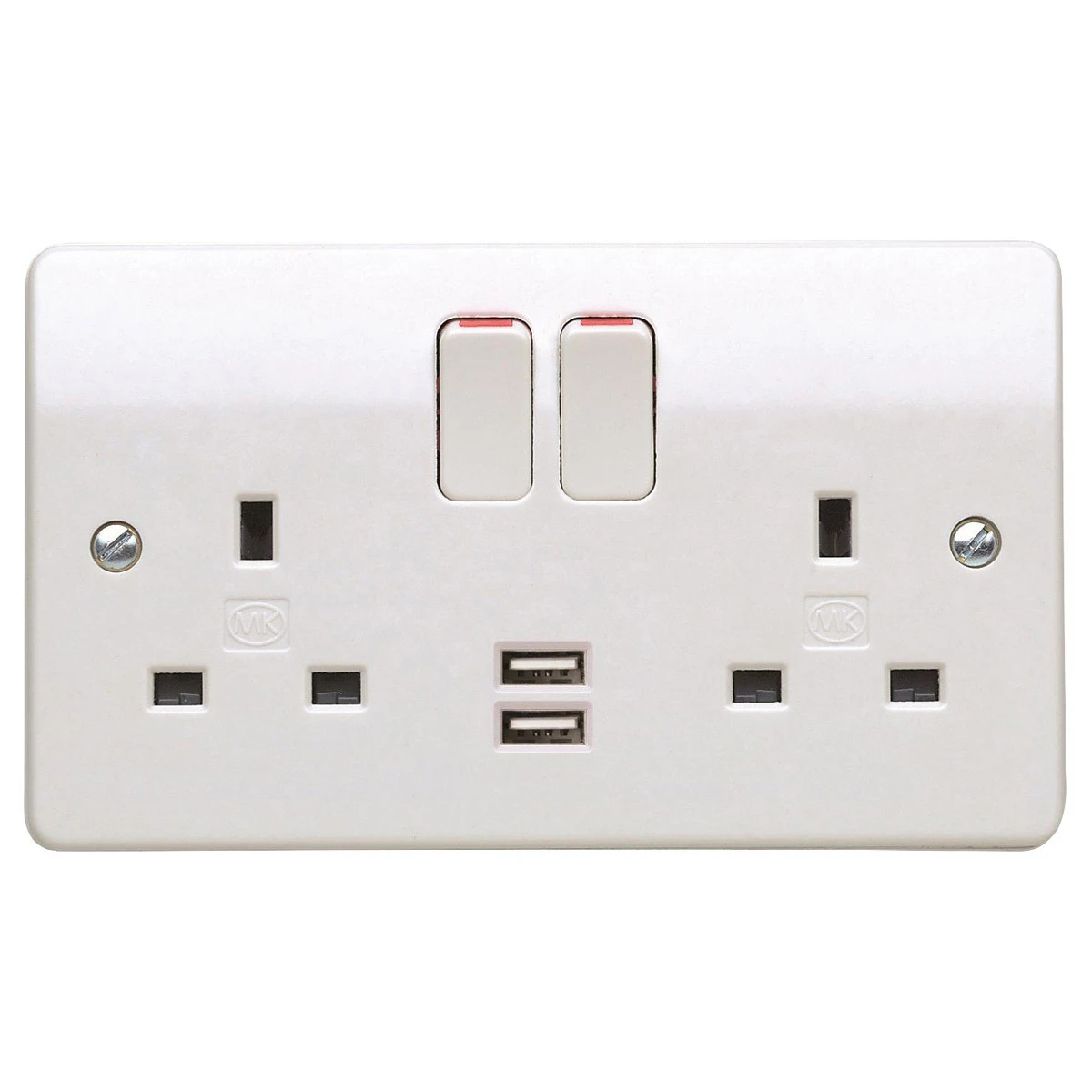 MK Logic Plus Socket 2 Gang Switched DP c/w 2 Port USB Charger 2A 5V 25mm White - Image 2