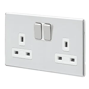 Socket 2 Gang Switched Double Pole Polished Chrome White Inserts