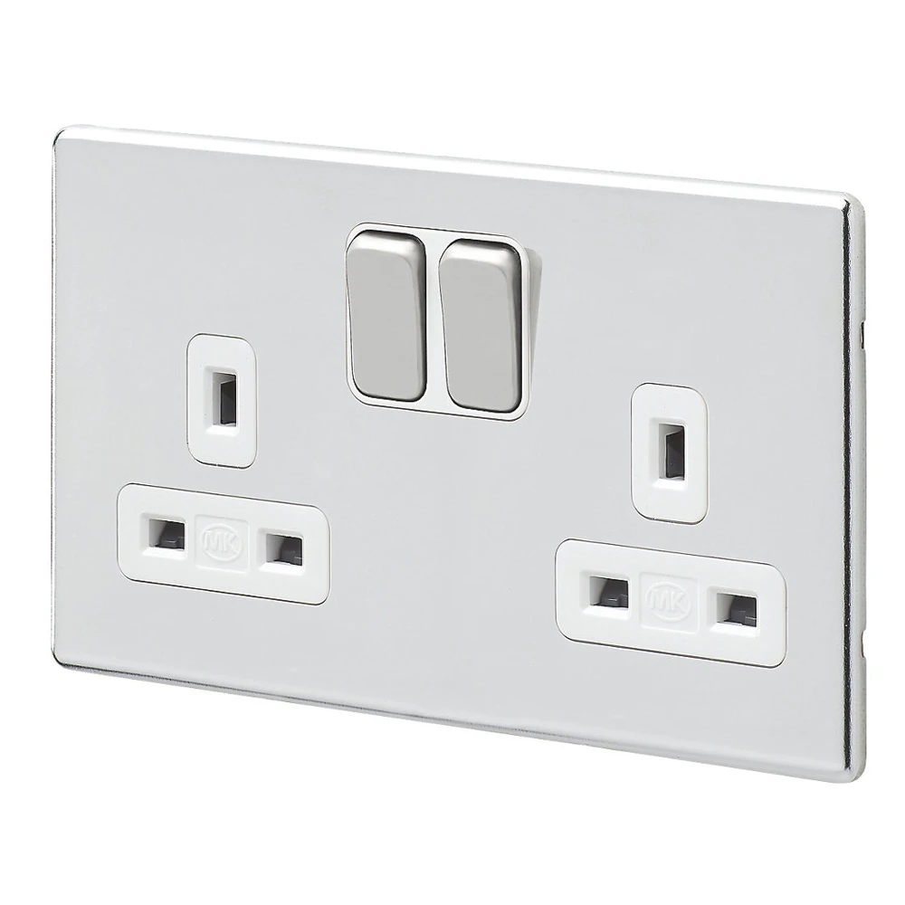 Socket 2 Gang Switched Double Pole Polished Chrome White Inserts - Image 2