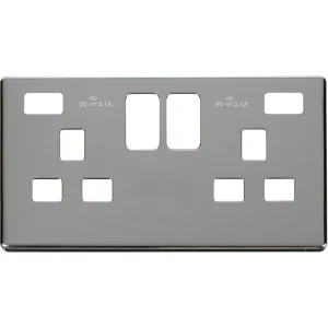 Screwless Chrome 13A 2 Gang Switched Socket Outlet With Twin 2.1A USB Outlets Cover Plate