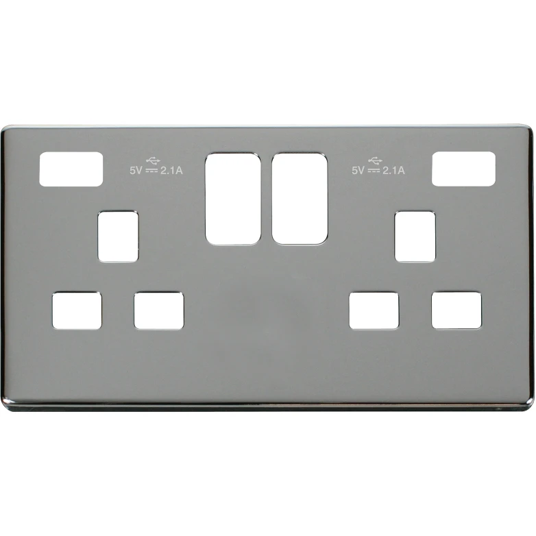 Screwless Chrome 13A 2 Gang Switched Socket Outlet With Twin 2.1A USB Outlets Cover Plate - Image 2