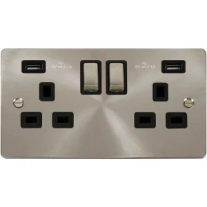 Socket Ingot 2 Gang Switched USB 13A 2 x 2.1A Brushed Stainless Steel Black