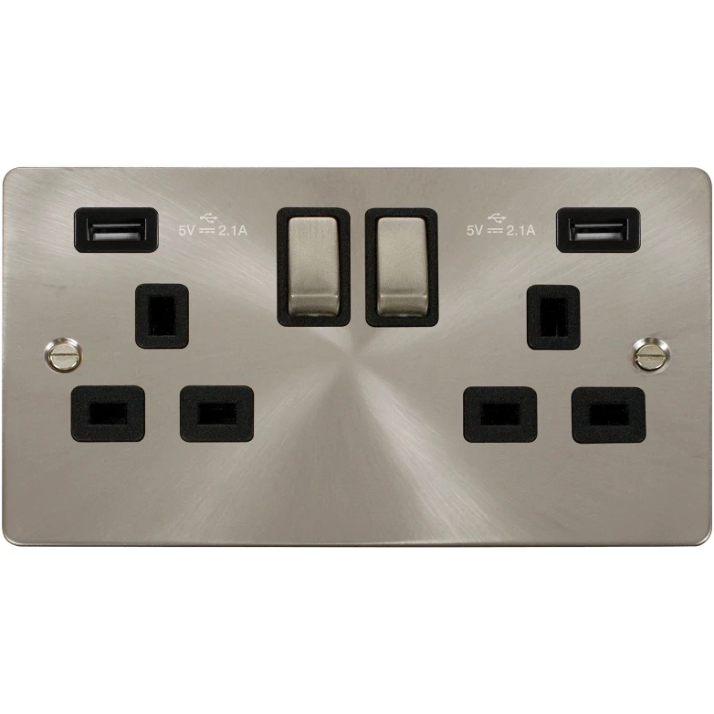 Socket Ingot 2 Gang Switched USB 13A 2 x 2.1A Brushed Stainless Steel Black - Image 2