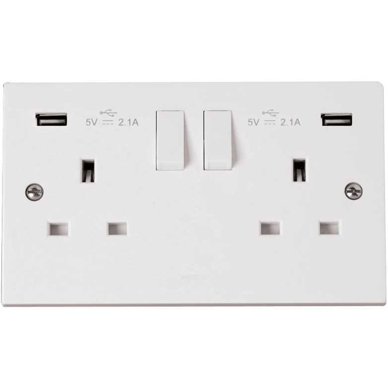 Socket 2 Gang Switched Twin USB Outlet 13A 2X2.1A White - Image 2