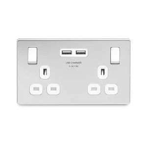 Polished Chrome Flatplate Screwless 13A 2 Gang Socket + 2 X USB Charger (3.1A) White Insert Switched Socket