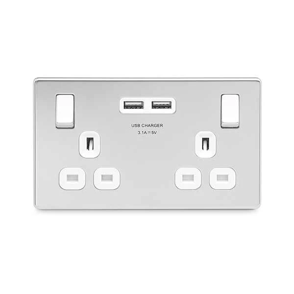 Polished Chrome Flatplate Screwless 13A 2 Gang Socket + 2 X USB Charger (3.1A) White Insert Switched Socket