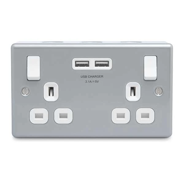 Metal Clad 2 Gang + 2 USB (3.1A) 13A Switched Socket