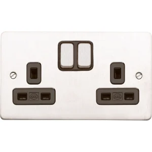 MK Socket 2 Gang Switched Double Pole Dual Earth 13A Brushed Stainless Steel Black Inserts