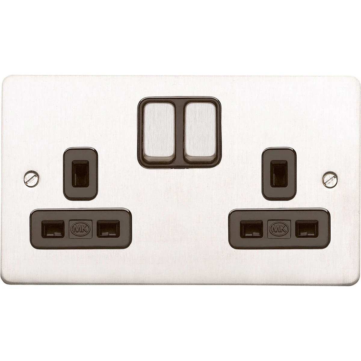 MK Socket 2 Gang Switched Double Pole Dual Earth 13A Brushed Stainless Steel Black Inserts