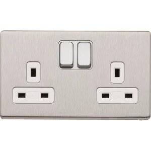 MK Socket 2 Gang Switched Double Pole Brushed Stainless Steel White Inserts