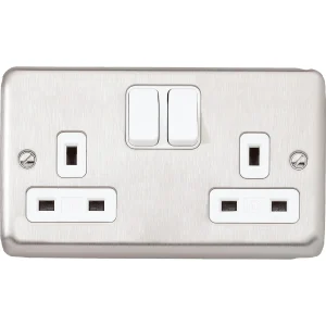 MK Socket 2 Gang Switched Double Pole 13A Brushed Stainless Steel