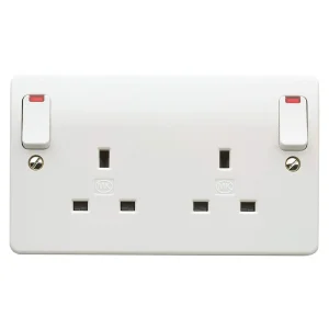MK Socket 2 Gang Switched Double Pole Dual Earth Neon 13A White Outboard Rock