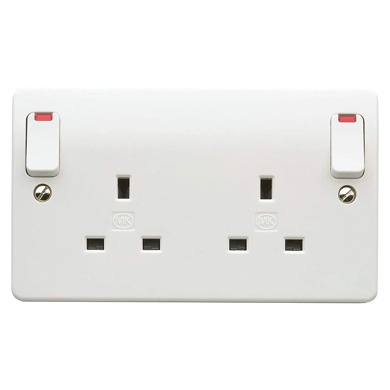 MK Socket 2 Gang Switched Double Pole Dual Earth Neon 13A White Outboard Rock - Image 2
