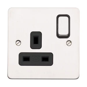 MK Socket 1 Gang Switched Double Pole Dual Earth 13A Brushed Stainless Steel Black Inserts