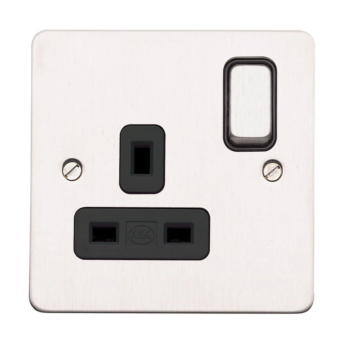 MK Socket 1 Gang Switched Double Pole Dual Earth 13A Brushed Stainless Steel Black Inserts