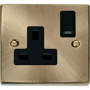 Socket 1 Gang DP Switched 13A Antique Brass Black Insert Victorian