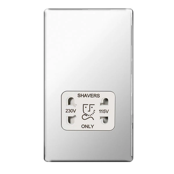 Polished Chrome Flatplate Screwless White Insert 115/230V Dual Voltage Shaver Socket