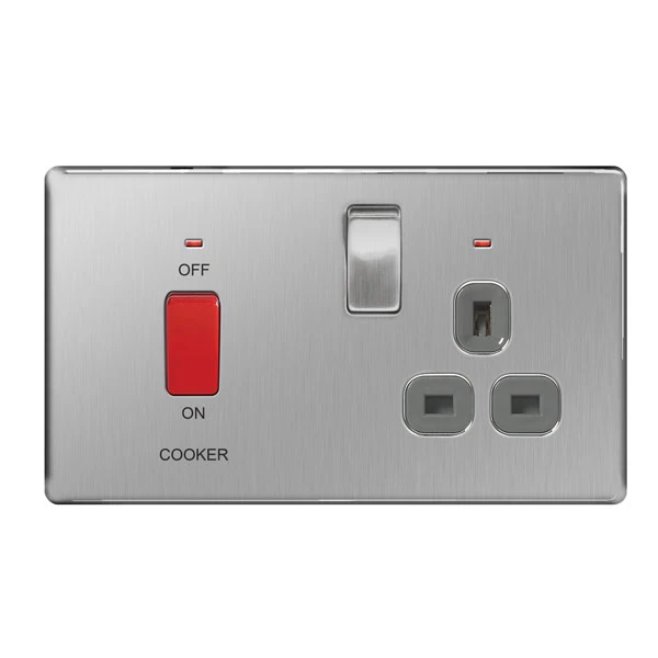 45A Brushed Steel Flatplate Screwless With 13A Socket And Power Indicator Grey Insert Double Pole Switch - Image 2