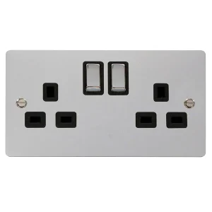Socket 2 Gang Double Pole Switched 13A Polished Chrome Black Insert