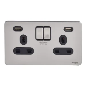 Ultimate Switched Socket 2 USB Charger 2 Gang 13A Stainless Steel Black