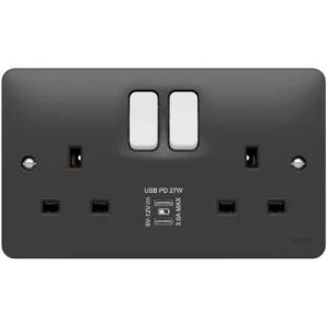 Sollysta 13A 2 Gang Double Pole Switched Socket USB C+C PD Grey