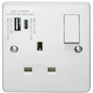 13A 1 Gang Single Pole Switched Socket with Type A and Type C 20W USB