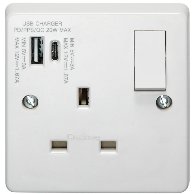 13A 1 Gang Single Pole Switched Socket with Type A and Type C 20W USB - Image 2