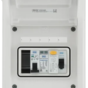 EV Consumer Unit in White with 5 modules including T2 SPD, 40A Type A RCD and 40A MCB
