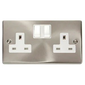 Socket 2 Gang Double Pole Switched 13A Satin Chrome White Insert Victorian