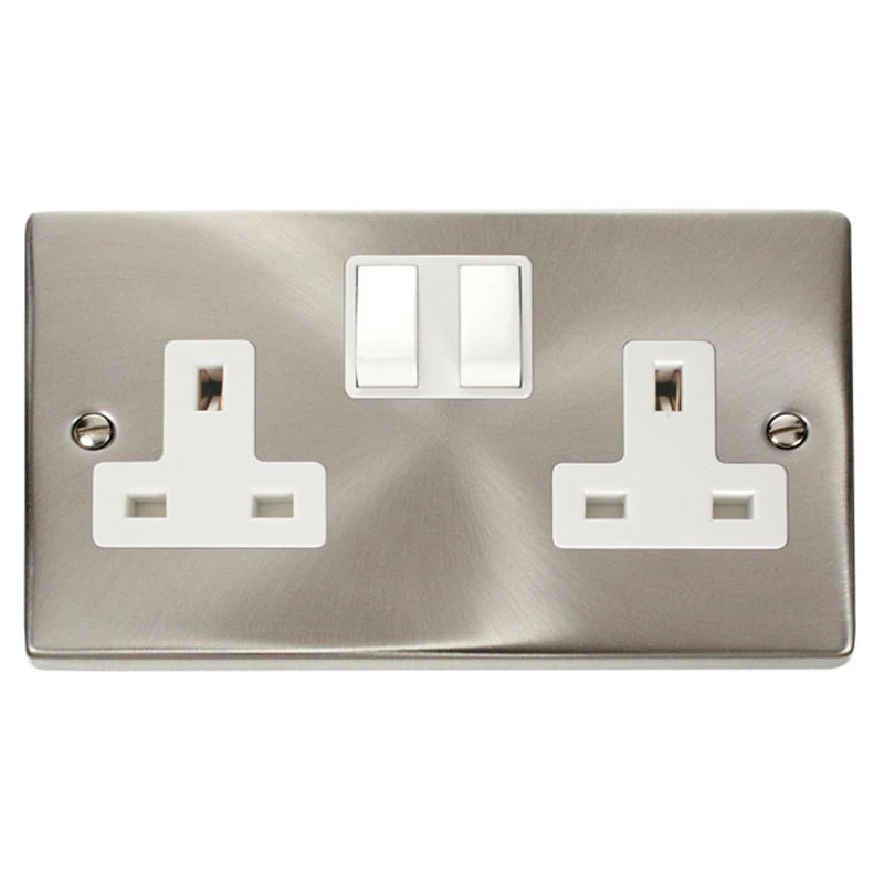 Socket 2 Gang Double Pole Switched 13A Satin Chrome White Insert Victorian - Image 2