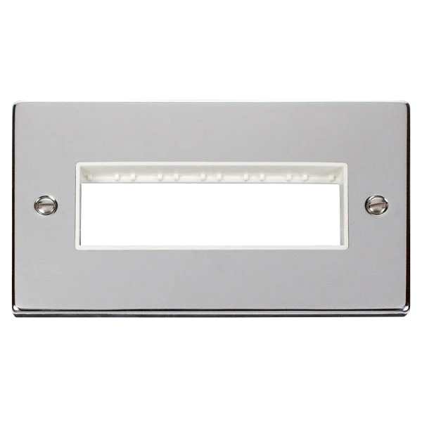 Front Plate 2 Gang 6 Aperture In Line Polished Chrome White Gasket Vic