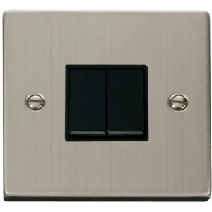 Plate Switch 2 Gang 2 Way 10A Stainless Steel Black Insert Victorian